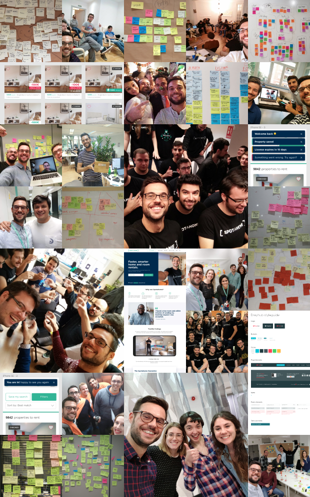A collage of photos of tons of post-its, UI designs and great friends I've made at Spotahome