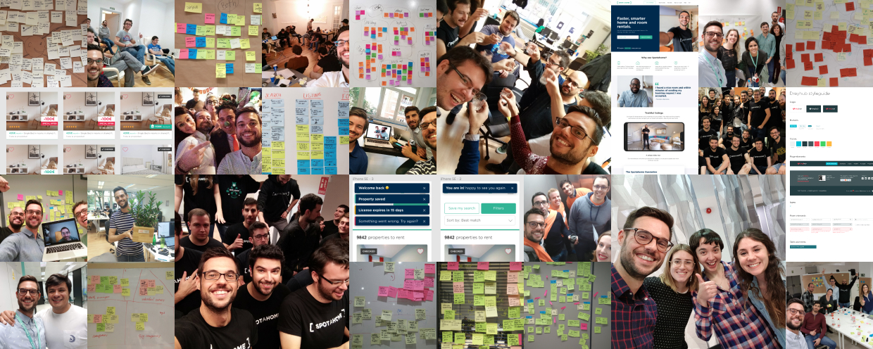 A collage of photos of tons of post-its, UI designs and great friends I've made at Spotahome